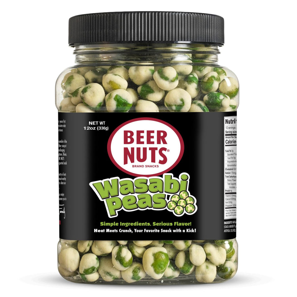 Beer Nuts Wasabi Peas packaging in a 12oz jar for on the go