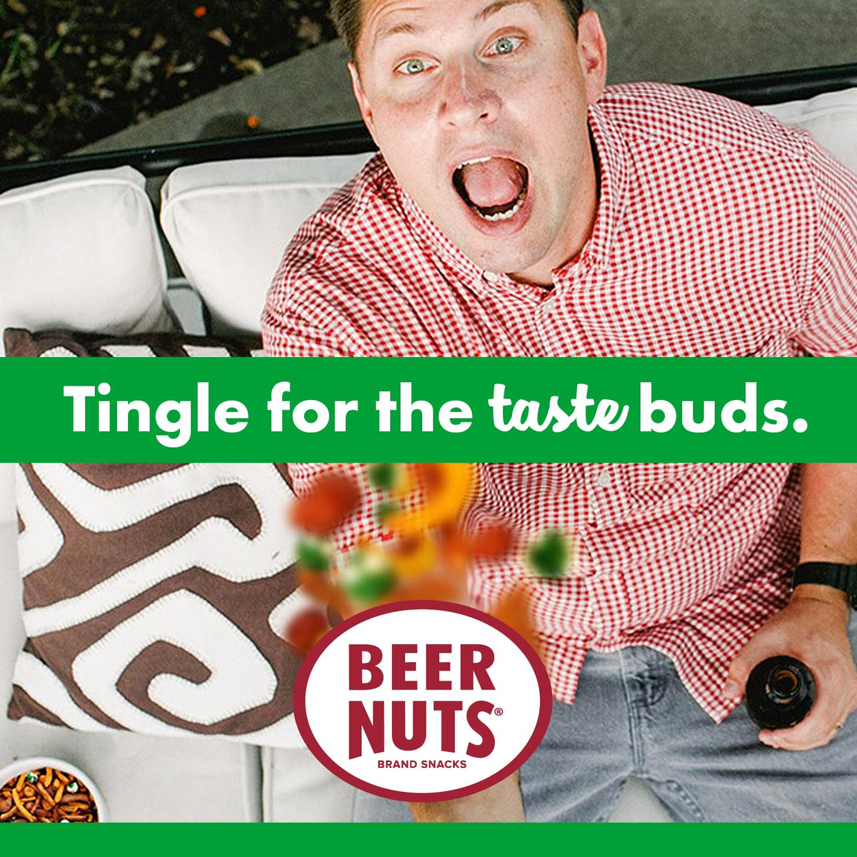 Serving bowl of Beer Nuts Wasabi Peas for sharing