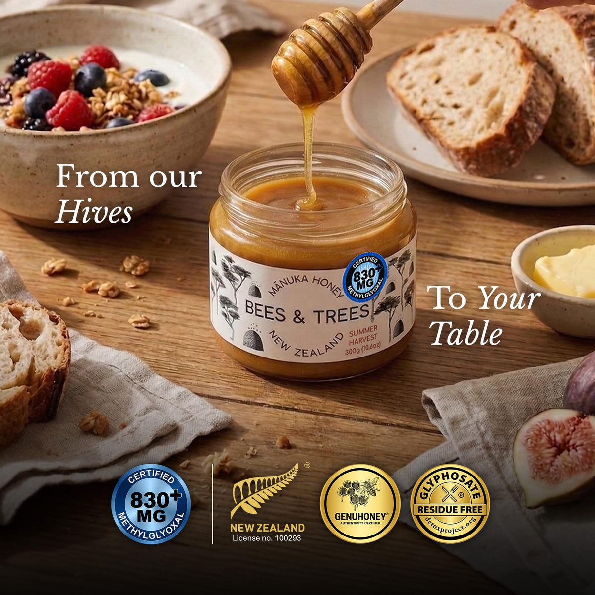 Bees and Trees Manuka Honey 830+ MGO added to coffee for a warm note.