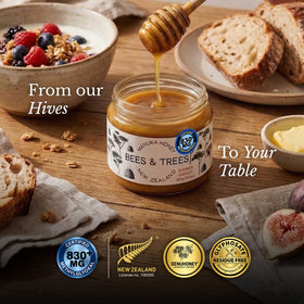 Bees and Trees Manuka Honey 830+ MGO added to coffee for a warm note.