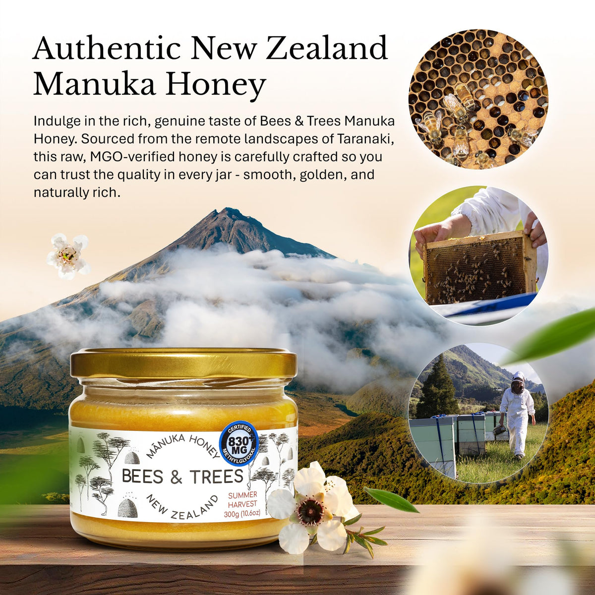 Bees and Trees Manuka Honey 830+ MGO poured over tea for subtle sweetness.