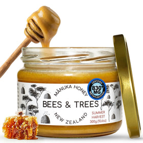 Bees and Trees Manuka Honey 830+ MGO in a glass jar for everyday use.