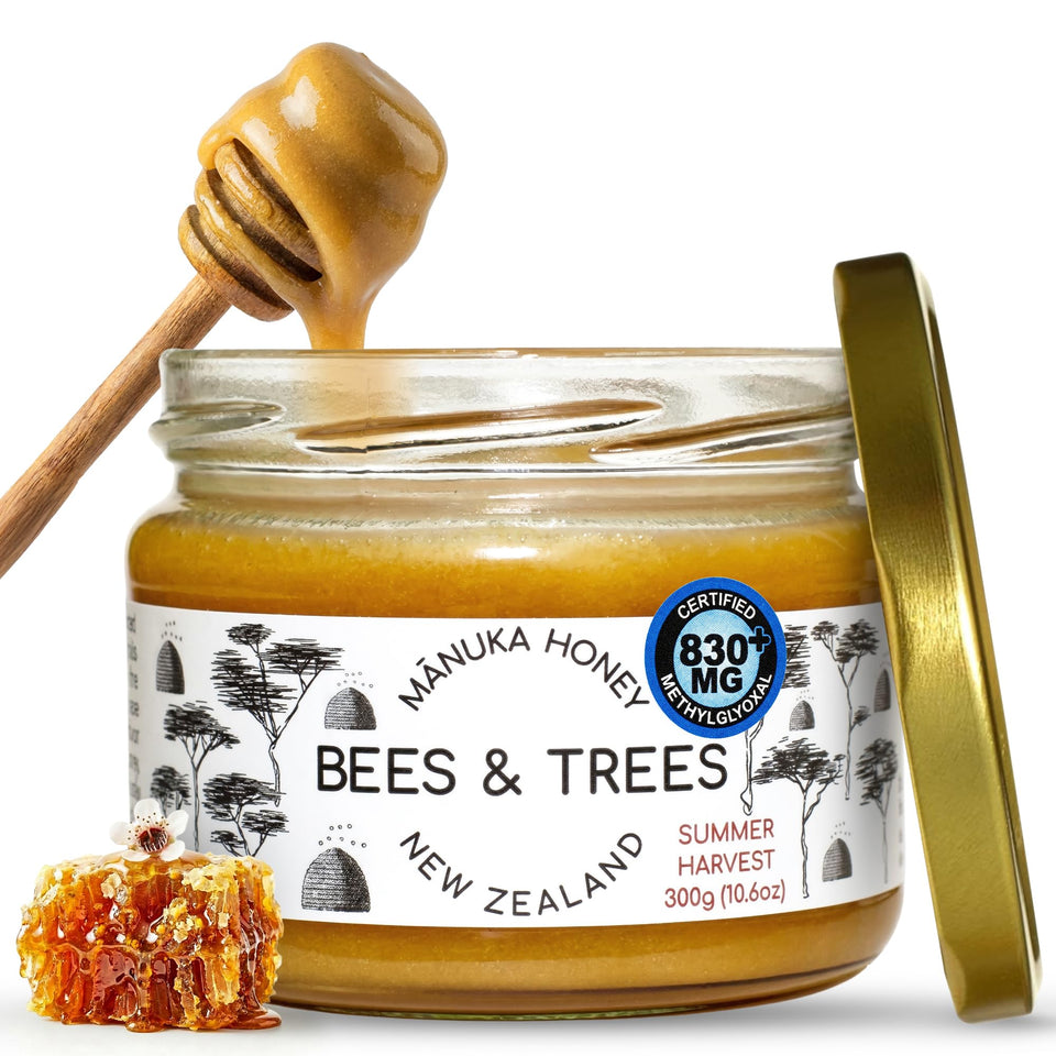 Bees and Trees Manuka Honey 830+ MGO in a glass jar for everyday use.