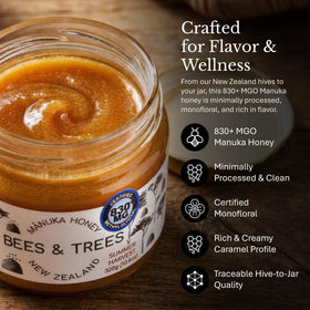 Bees and Trees Manuka Honey 830+ MGO drizzled on salads and dressings.