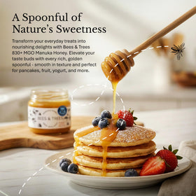 Bees and Trees Manuka Honey 830+ MGO blended into smoothies for natural sweetness.