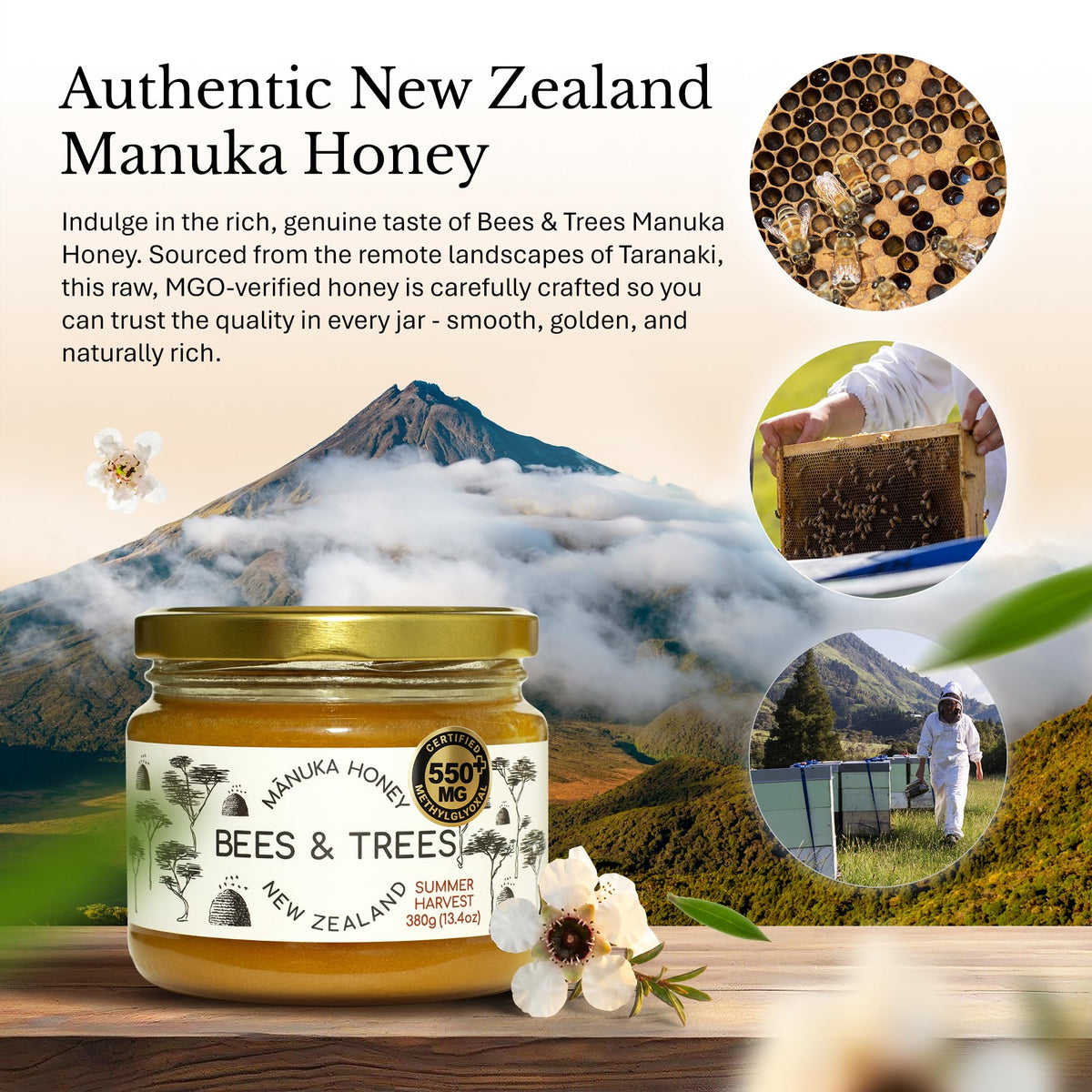 Bees & Trees Manuka Honey pour into a glass jar for easy tea and coffee stirring
