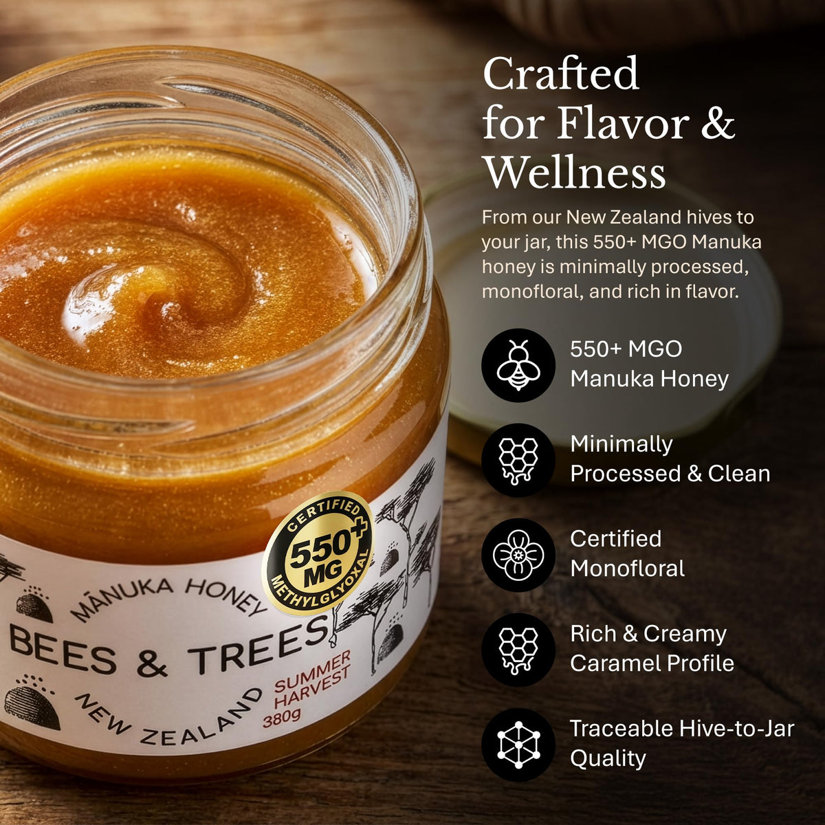 Bees & Trees Manuka Honey spoon-dip shows rich texture for drizzling