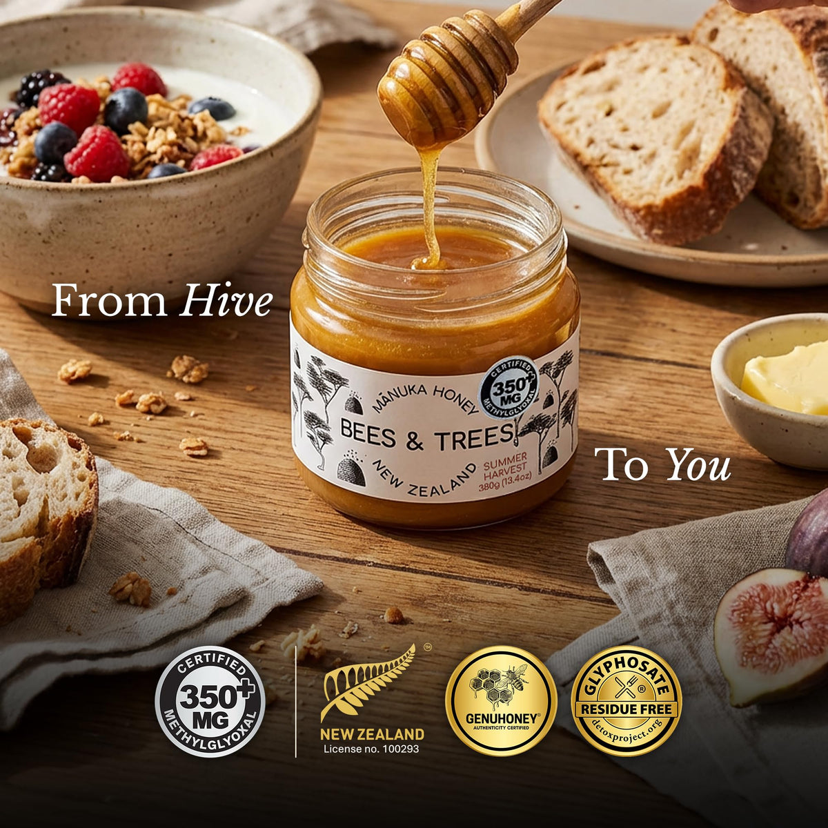 Bees & Trees Manuka honey added to a smoothie for natural sweetness.