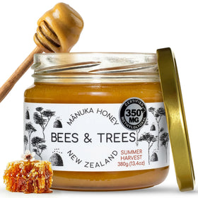 Bees & Trees Manuka honey jar close-up showing premium raw monofloral flavor.