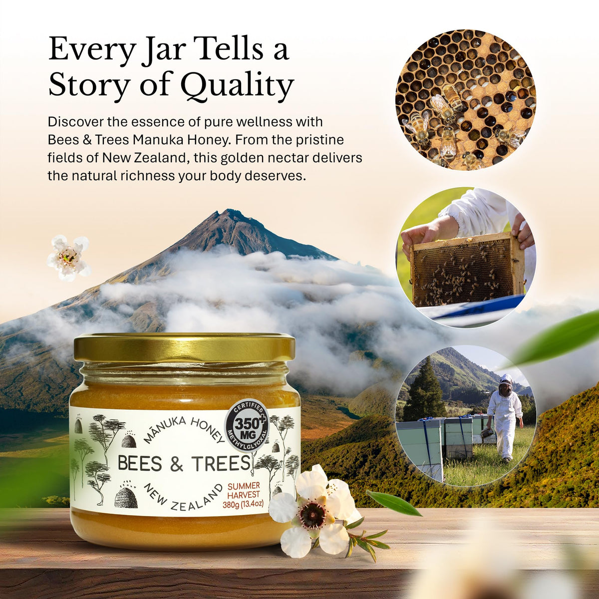 Bees & Trees Manuka honey jar front view in clear glass packaging.