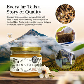Bees & Trees Manuka honey jar front view in clear glass packaging.