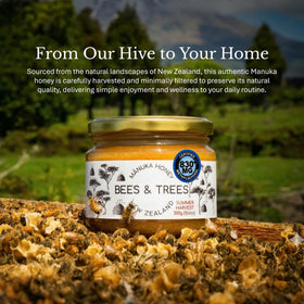 Bees & Trees Manuka honey jar on a kitchen shelf hero shot.