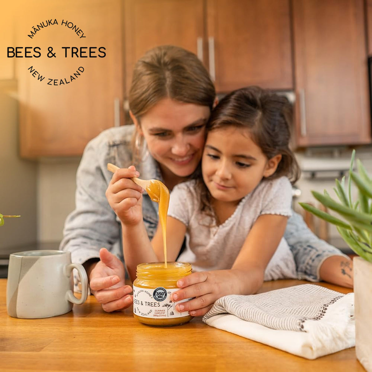 Bees & Trees Manuka honey label detail showing origin and MG level.