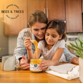 Bees & Trees Manuka honey label detail showing origin and MG level.