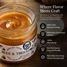 Bees & Trees Manuka honey being poured into tea for daily use.
