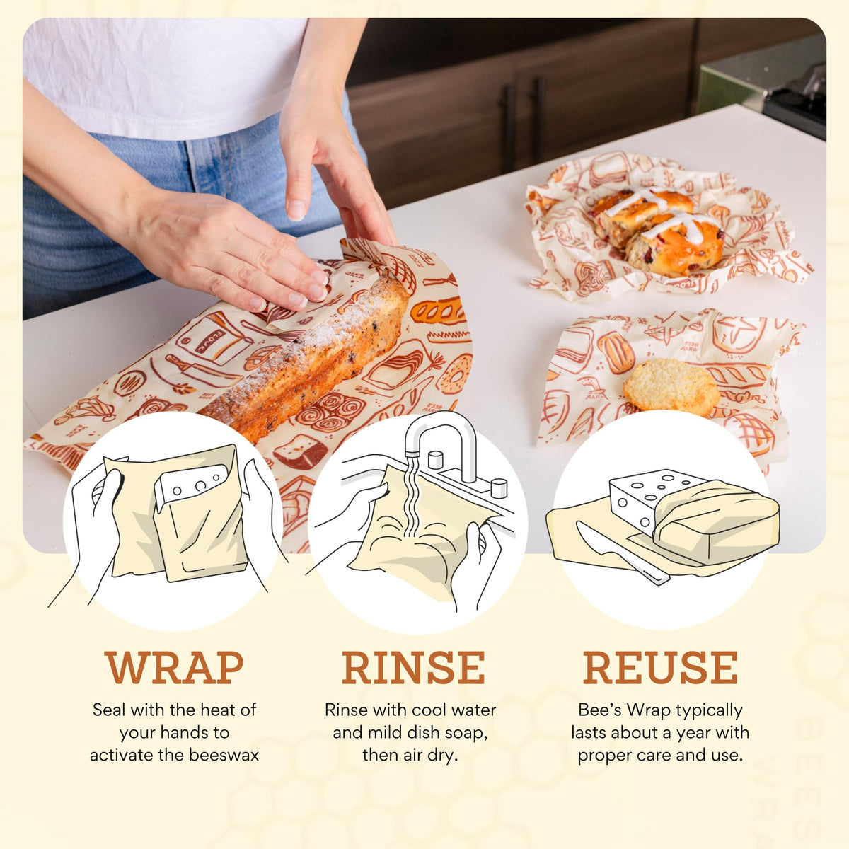 Bee's Wrap cheese storage with Bakery Lane print preserves flavors.