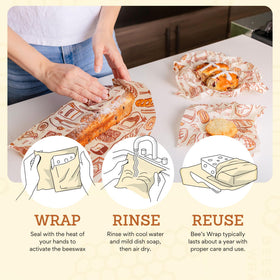 Bee's Wrap cheese storage with Bakery Lane print preserves flavors.