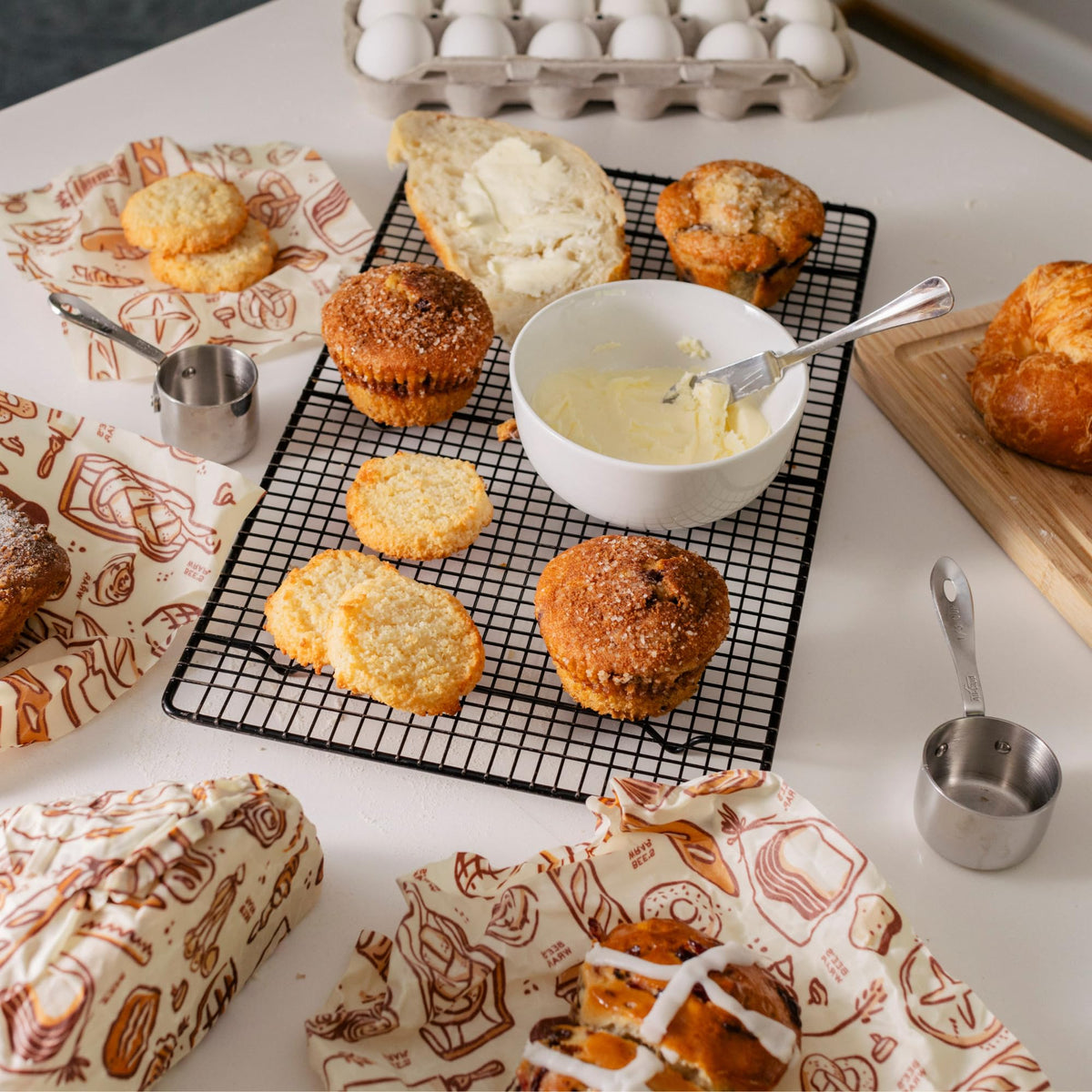 Bee's Wrap produce bag with Bakery Lane print replaces disposable bags.