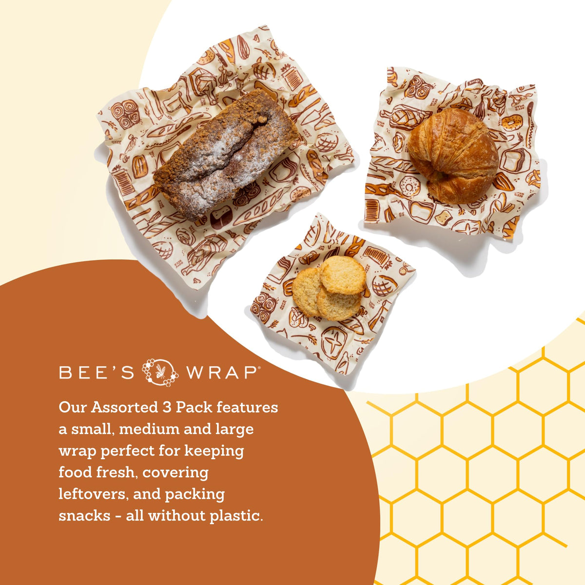 Bee's Wrap sandwich wrap with Bakery Lane print keeps lunch fresh.
