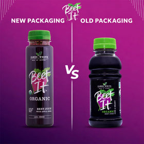 BEET IT Organic Beet Juice bottle side with 12-pack packaging visible