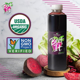 BEET IT Organic Beet Juice breakfast-ready bottle on the table for a nourishing start.