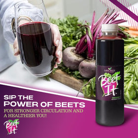 BEET IT Organic Beet Juice glass pouring highlights smooth, breakfast-friendly sweetness and antioxidants.