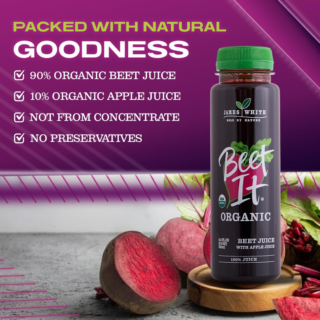 Close-up of BEET IT label highlighting gluten-free and no added sugar
