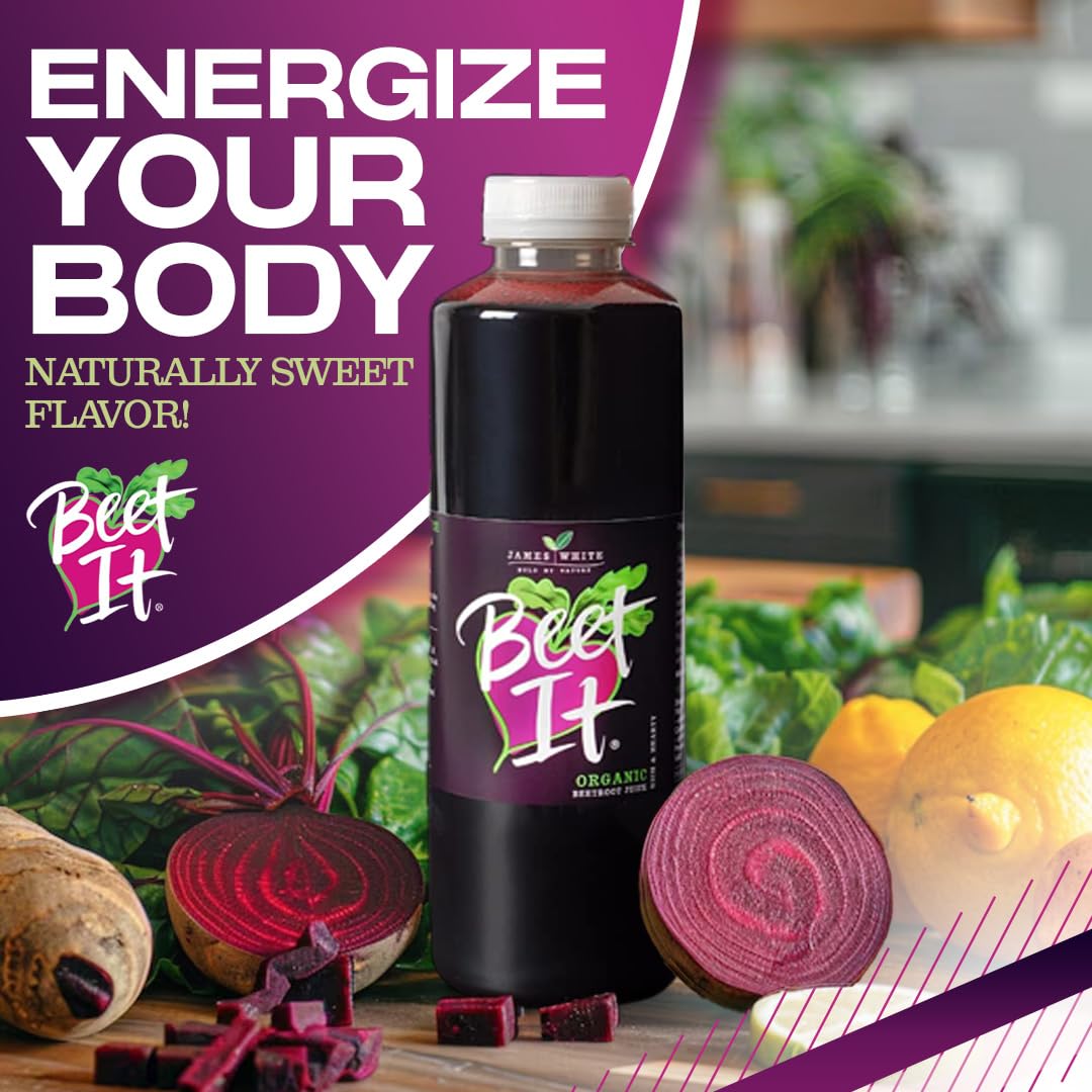 BEET IT Organic Beet Juice label highlights 90% beet juice for pure flavor.