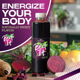 BEET IT Organic Beet Juice label highlights 90% beet juice for pure flavor.