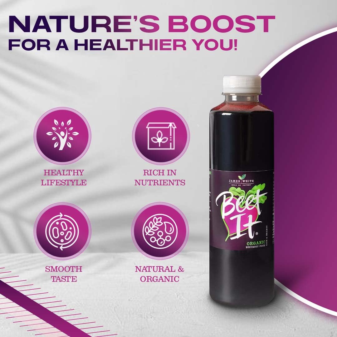BEET IT Organic Beet Juice packaging emphasizes 6-pack convenience for busy mornings.