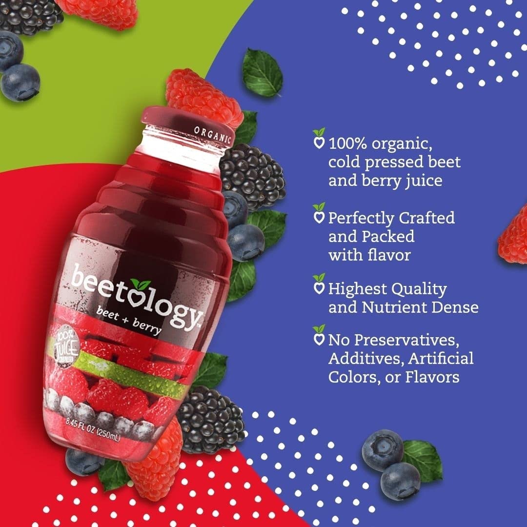 Beetology berry blend close-up highlighting fresh berries and beets for a flavorful experience.