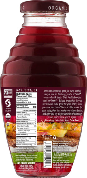 Beetology Organic Beet and Tropical Juice ingredients collage including beets, pineapple, coconut juice, and mango