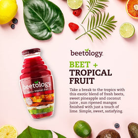 Beetology Organic Beet and Tropical Juice being poured into a glass with tropical aroma