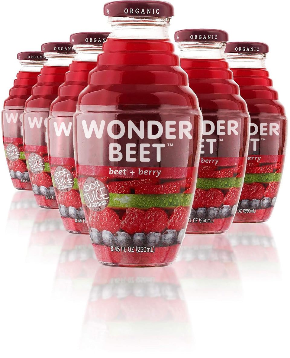 Beetology Beet & Berry Juice bottle shows vibrant color, perfect for on-the-go refreshment.