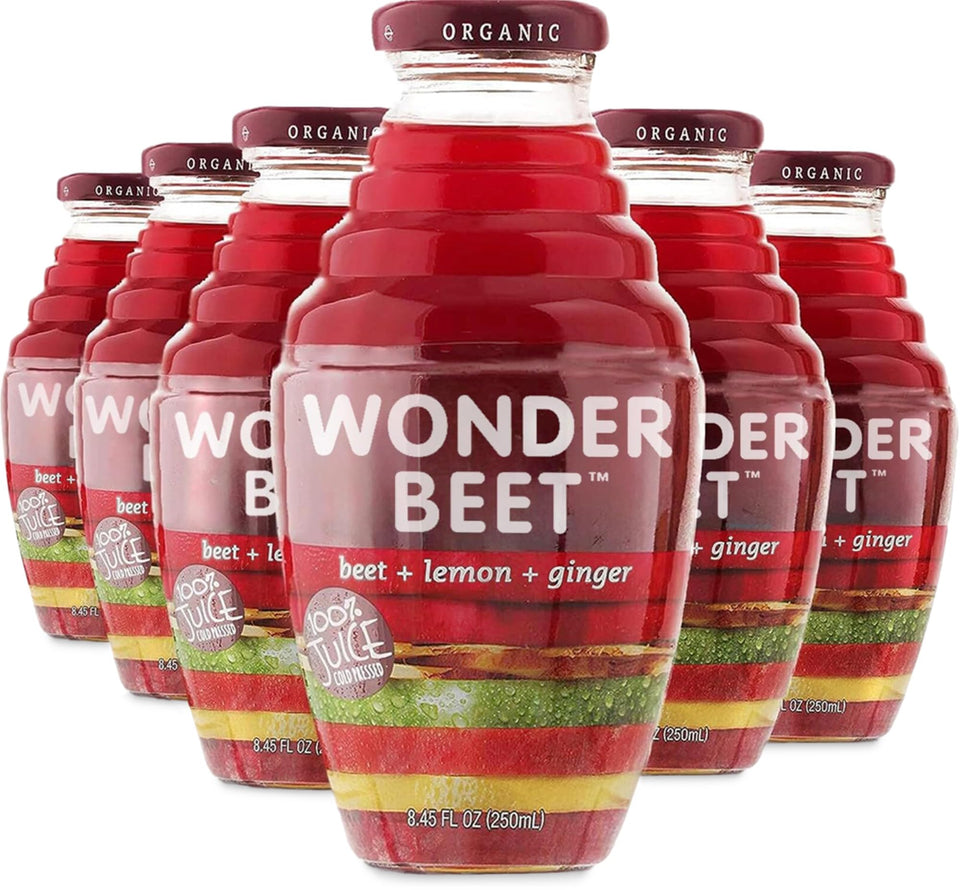 Beetology organic beet-lemon-ginger juice bottle front view, showcasing vibrant color.
