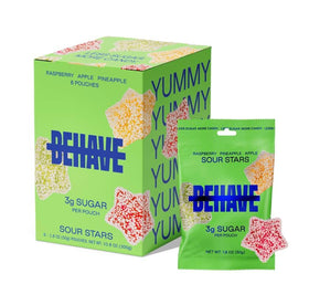 BEHAVE Sour Stars 6-pack front view, keto-friendly low sugar candy.