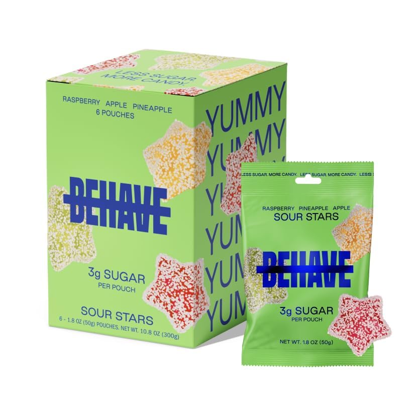 BEHAVE Sour Stars 6-pack front view, keto-friendly low sugar candy.
