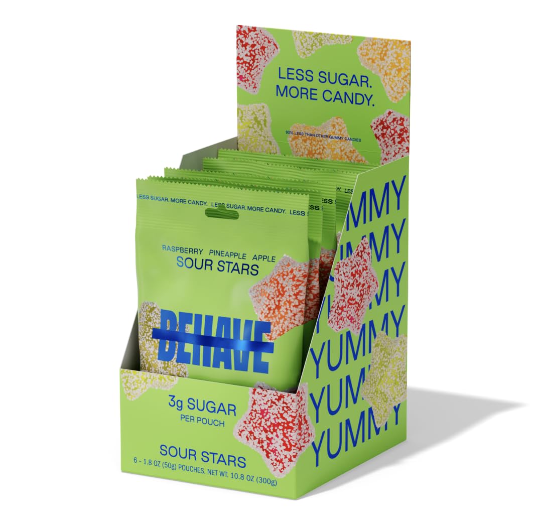 BEHAVE Sour Stars pack shows Watermelon, Mango and Lychee flavors for a tangy treat.