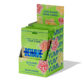 BEHAVE Sour Stars pack shows Watermelon, Mango and Lychee flavors for a tangy treat.