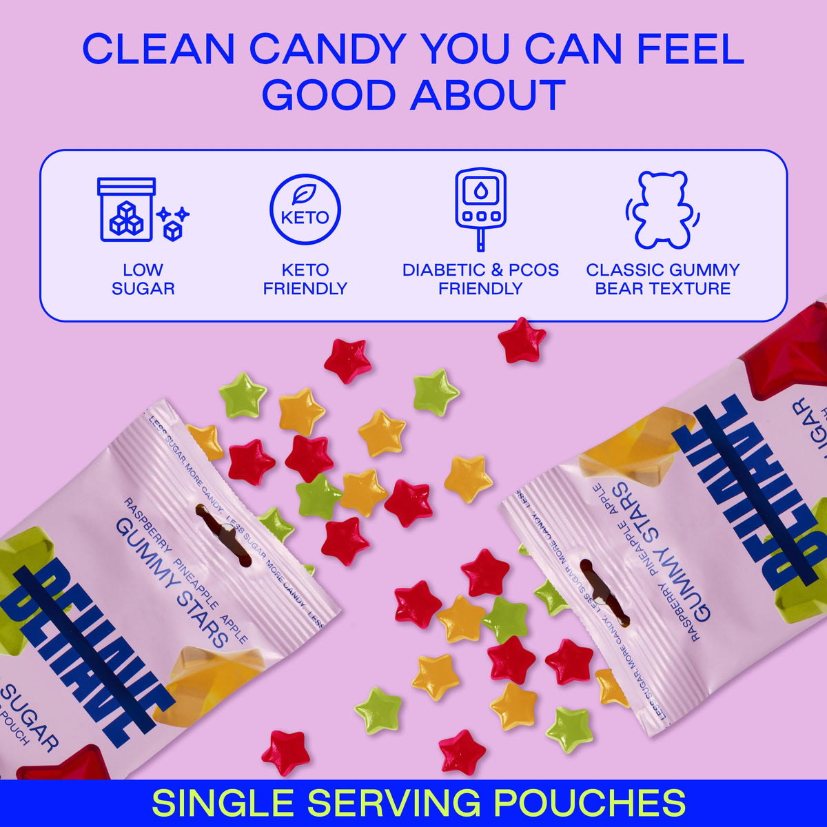 BEHAVE Sweet Stars gummies with raspberry, apple and pineapple flavors for guilt-free treats.