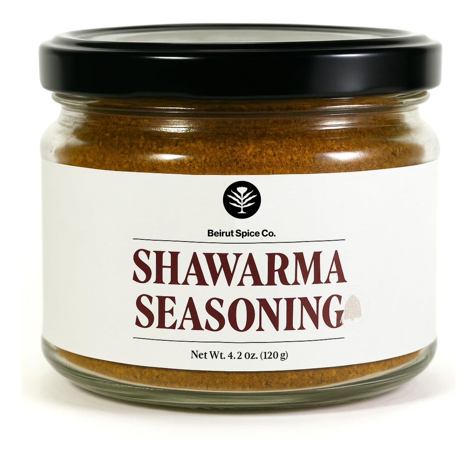 Beirut Spice Co. Shawarma Seasoning bottle highlighting bold Middle Eastern flavor for grilled meats and marinades.