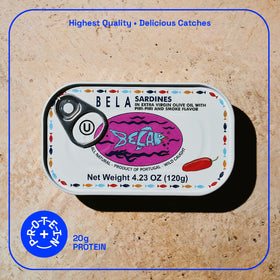 BELA lightly smoked sardines in piri piri oil, bold flavor ready to serve.