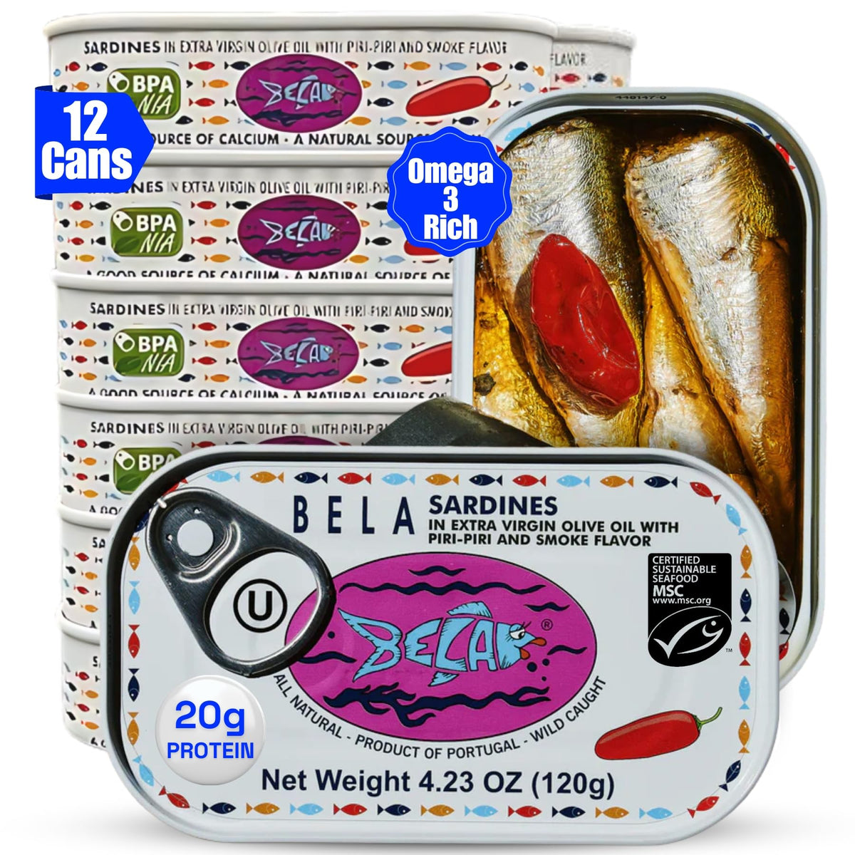 BELA wild caught Portuguese sardines in olive oil tin, ready for a quick protein snack.