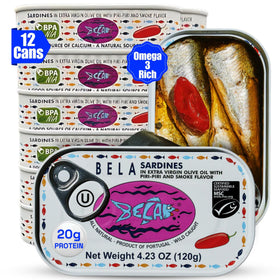 BELA wild caught Portuguese sardines in olive oil tin, ready for a quick protein snack.