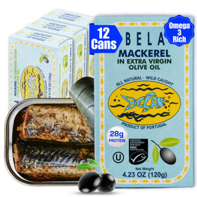 BELA wild-caught mackerel can in olive oil showing premium packaging