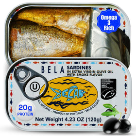 BELA wild caught sardines in olive oil pack shot, protein-rich and ready to enjoy