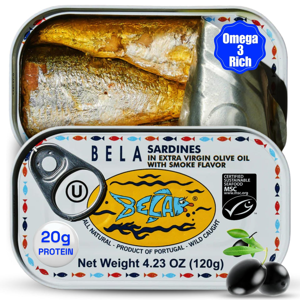BELA wild caught sardines in olive oil pack shot, protein-rich and ready to enjoy