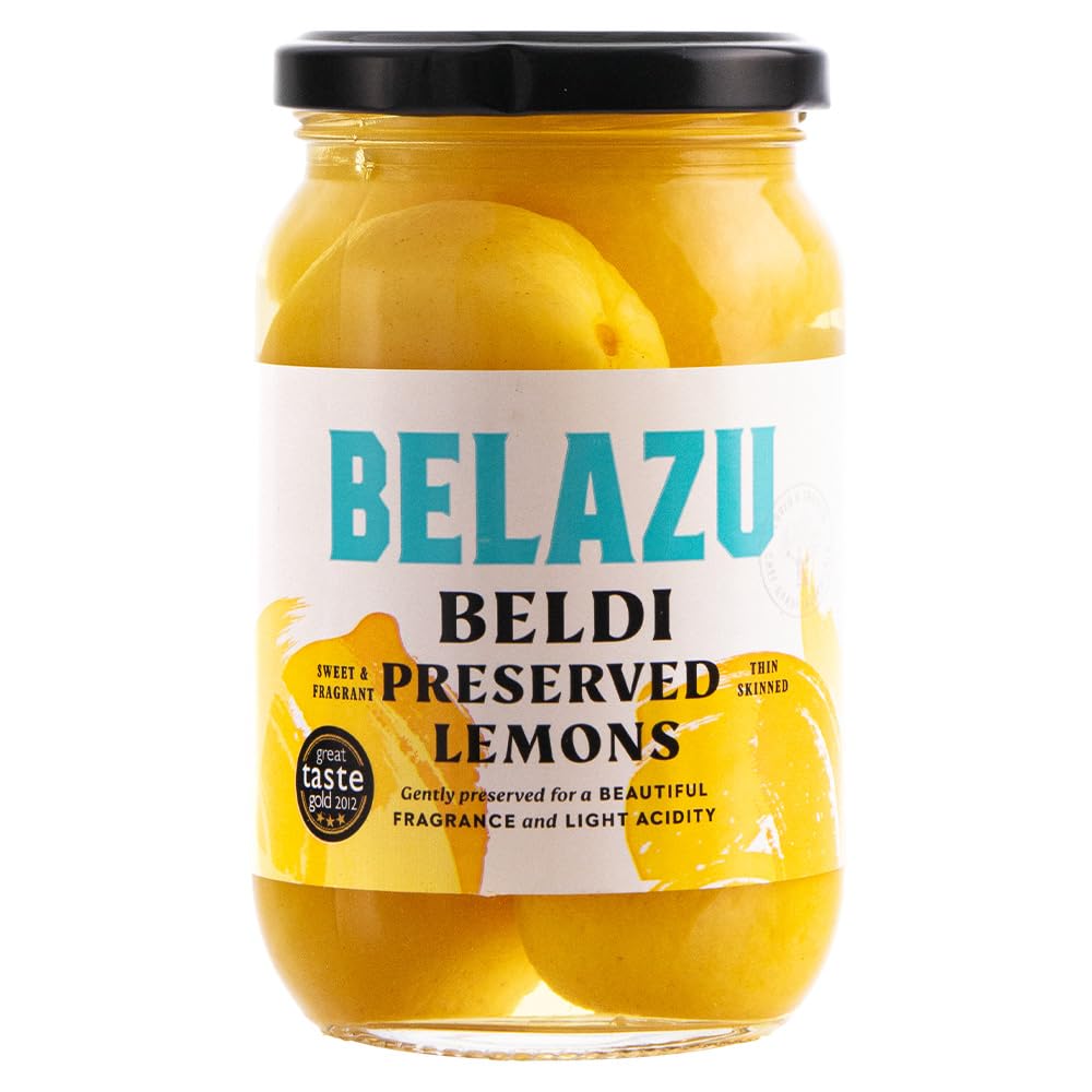 Belazu Beldi preserved lemons packaged jar highlighting premium aroma for Mediterranean dishes.