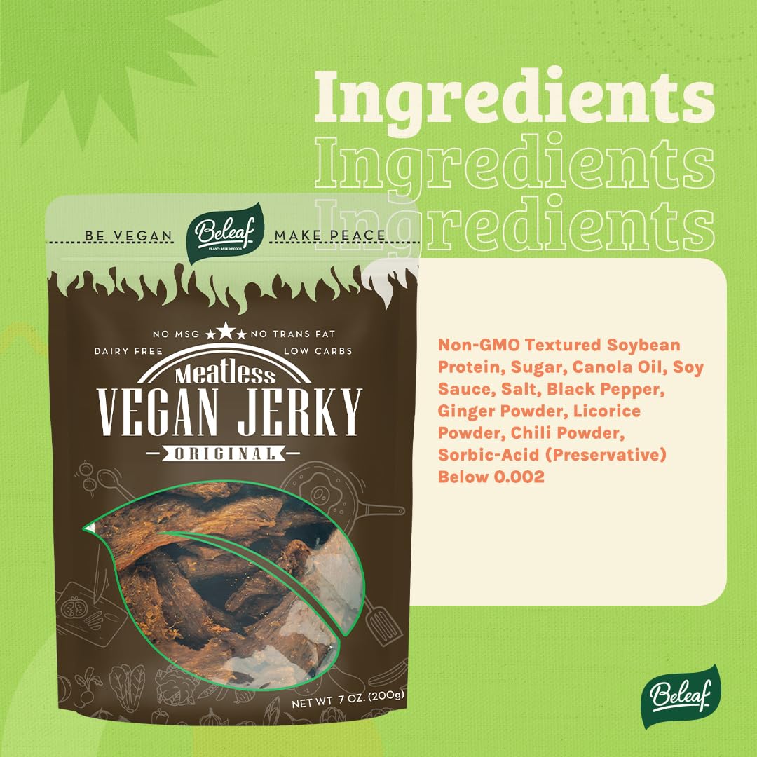 BE LEAF Original jerky close-up reveals chewy texture and natural ingredients.