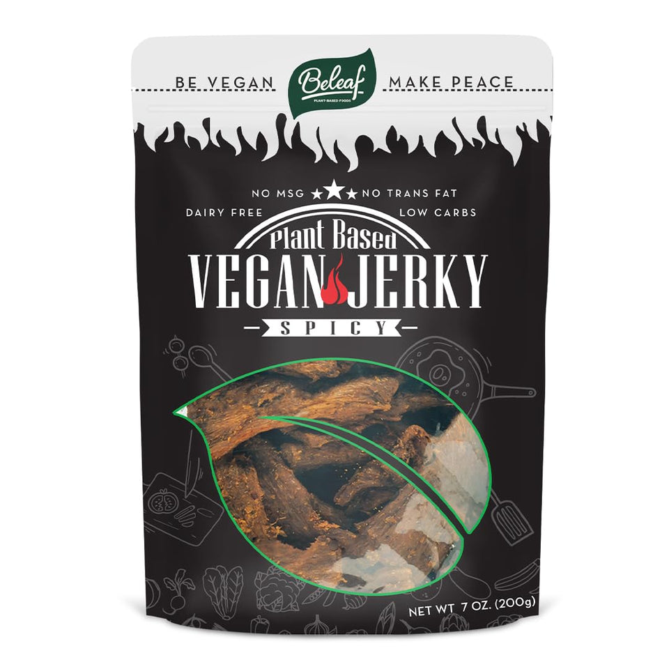 BE LEAF Spicy Plant-Based Jerky packaging showcases bold flavor for on-the-go snacking.